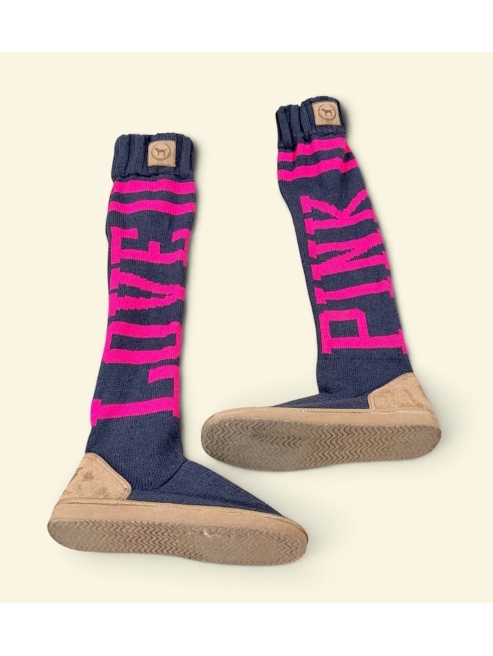 Victoria's Secret PINK Navy Blue Knit Boot Slippers with Pink LOVE and PINK Sz M